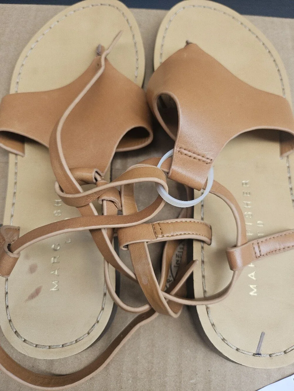 Marc Fisher Tan Leather T-Strap Thong Sandals
